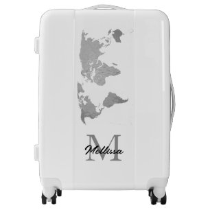 World Map Monogram Name Traveler Blush Grey White Luggage