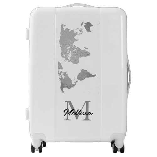 World Map Monogram Name Traveler Blush Grey White Luggage