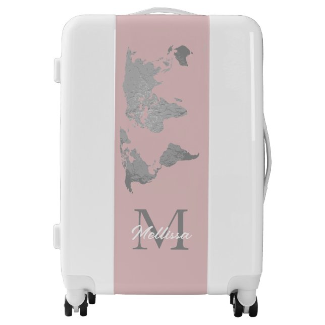 World Map Monogram Name Traveler Blush Pink Grey Luggage (Front)