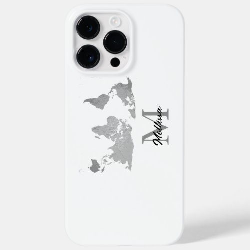 World Map Monogram Name Traveler Custom Grey White Case_Mate iPhone 14 Pro Max Case