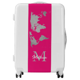 World Map Monogram Name Traveler Hot Pink Colorful Luggage