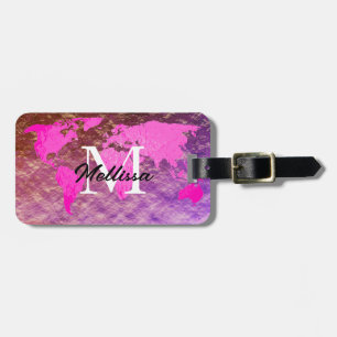 World Map Monogram Pink Rose Gold Glitter Traveler Luggage Tag
