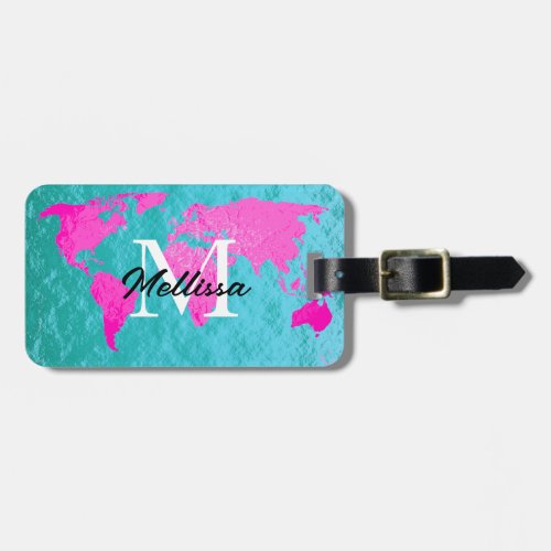 World Map Monogram Teal Blue Pink Gold Foil Cool Luggage Tag