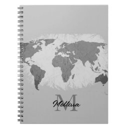 World Map Monogram Traveler Name Black White Grey Notebook