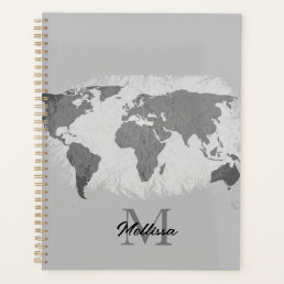World Map Monogram Traveler Name Black White Grey Planner