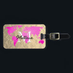 World Map Monogram Traveler Pink Gold Foil Glitter Luggage Tag<br><div class="desc">Monogrammed initial and also personal details like name,  address,  phone number and email all of which you can edit in cool world map background. Designed with simple,  elegant and trendy colors!</div>