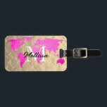 World Map Monogram Traveler Pink Gold Foil Glitter Luggage Tag<br><div class="desc">Monogrammed initial and also personal details like name,  address,  phone number and email all of which you can edit in cool world map background. Designed with simple,  elegant and trendy colors!</div>