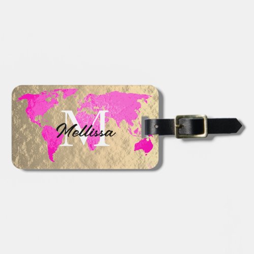 World Map Monogram Traveler Pink Gold Foil Glitter Luggage Tag