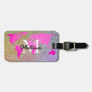 World Map Monogram Traveler Pink Gold Glitter Gift Luggage Tag