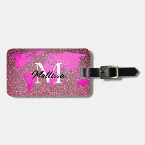 World Map Monogram Traveler Pink Rose Gold Glitter Luggage Tag