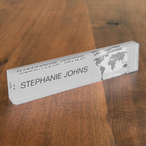 World Map Monograms Custom Name Gift Decor Grey Desk Name Plate