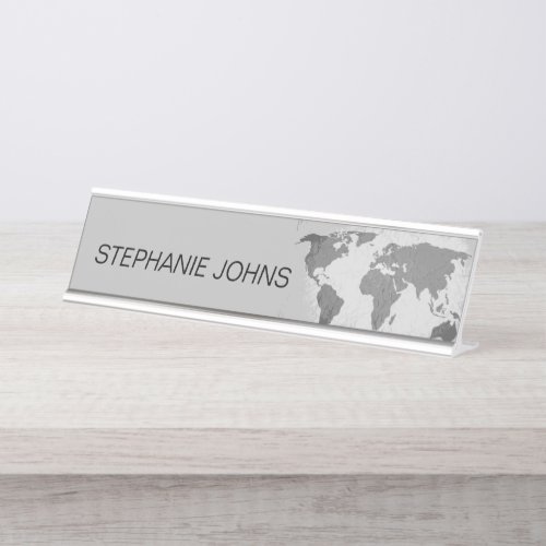 World Map Monograms Grey Custom Name Gift Decor Desk Name Plate