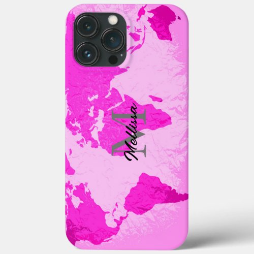 World Map Monograms Traveler Blush Pink Purple iPhone 13 Pro Max Case