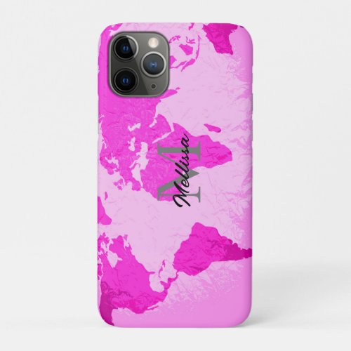World Map Monograms Traveler Blush Pink Purple iPhone 11 Pro Case