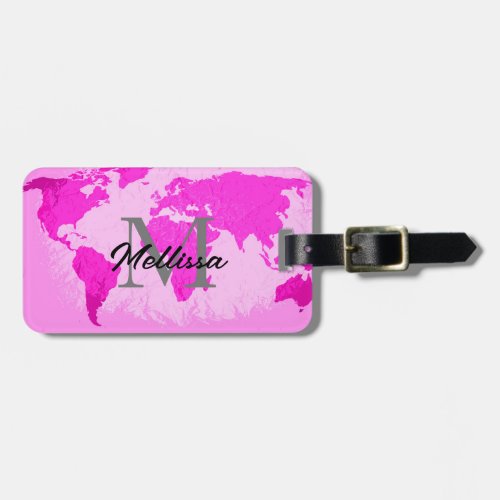 World Map Monograms Traveler Blush Pink Purple Luggage Tag