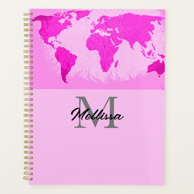 World Map Monograms Traveler Blush Pink Purple Planner (Front)