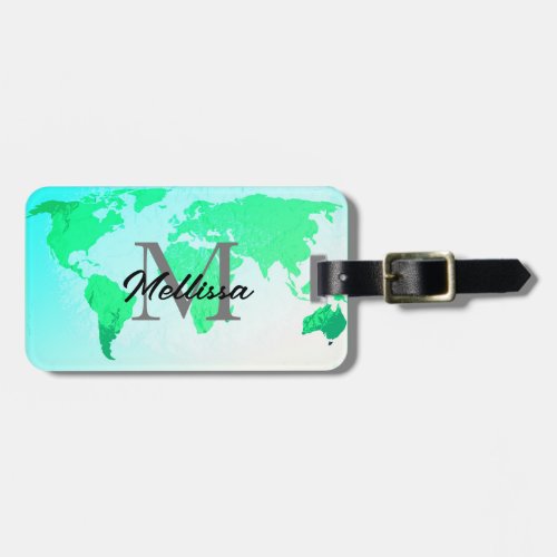 World Map Monograms Traveler Green Blue Ombre Luggage Tag