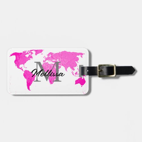 World Map Monograms Traveler Pink White Modern Luggage Tag