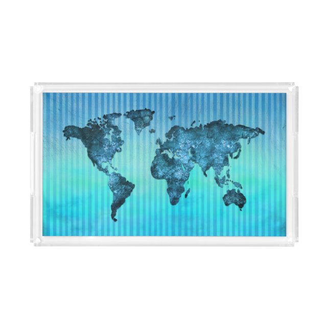 World Map | Neon Blue Stripes Acrylic Tray (Front)