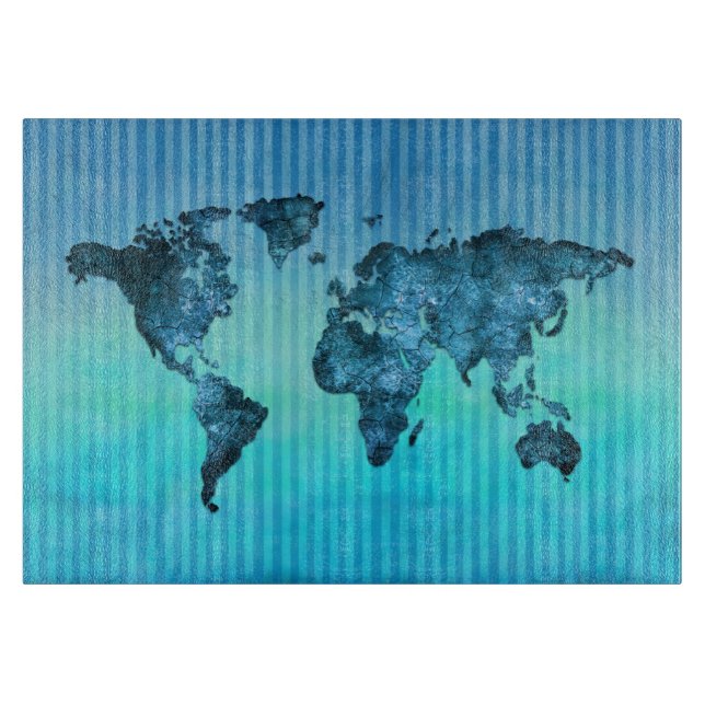 World Map | Neon Blue Stripes Cutting Board (Front)