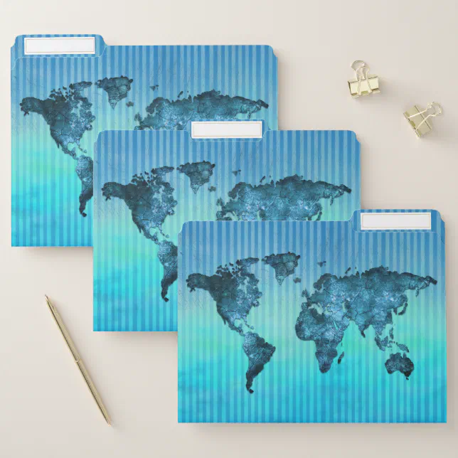World Map | Neon Blue Stripes File Folder | Zazzle