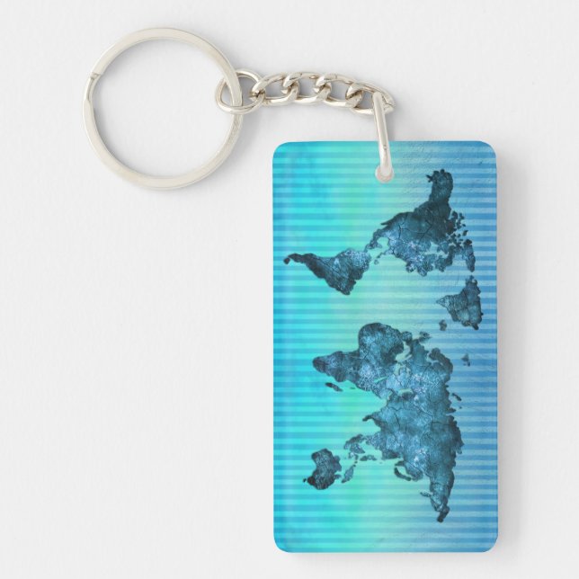 World Map | Neon Blue Stripes Keychain (Front)