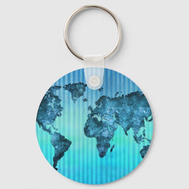 World Map | Neon Blue Stripes Keychain (Front)