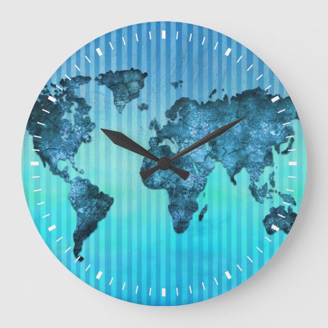 World Map | Neon Blue Stripes Large Clock (Front)