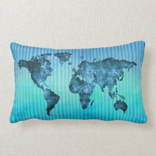 World Map   Neon Blue Stripes Lumbar Pillow