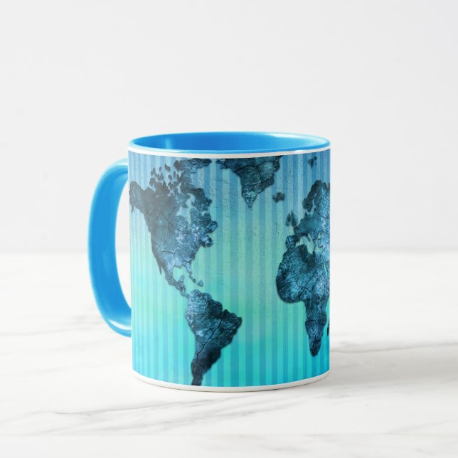 World Map | Neon Blue Stripes Mug (Front Left)