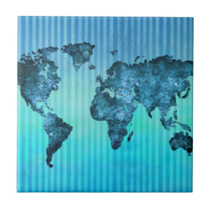World Map Neon Blue Stripes Tile
