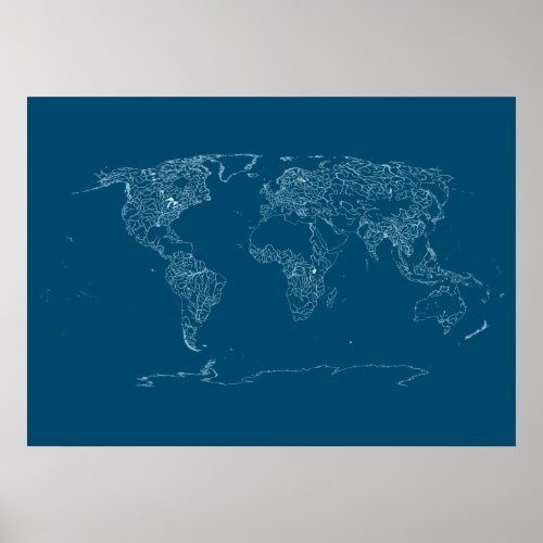 World Map of Large Rivers Lakes and Coast Lines Poster