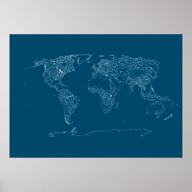 World Map of Large Rivers, Lakes and Coast Lines Poster (Front)