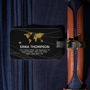 World Map on Black Luggage Tag