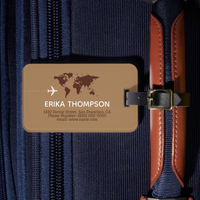 World Map on Brown  Luggage Tag (Front Insitu 4)