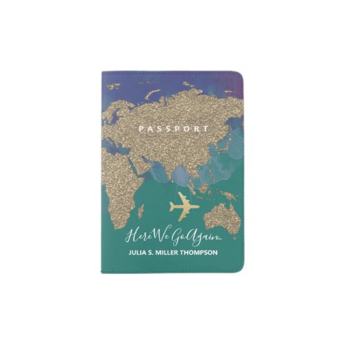 world map on elegant bluish international passport holder