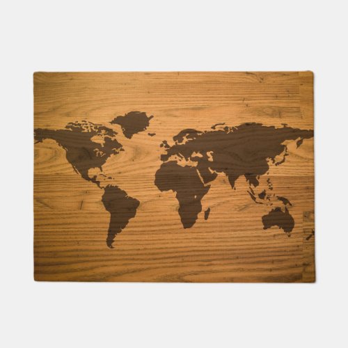 World Map on Wood Grain Doormat