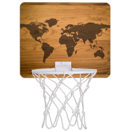 World Map On Wood Grain Mini Basketball Hoop