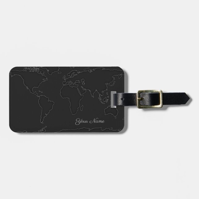 world map | outline to black luggage tag (Front Horizontal)