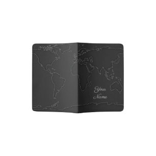 world map outline to black passport holder