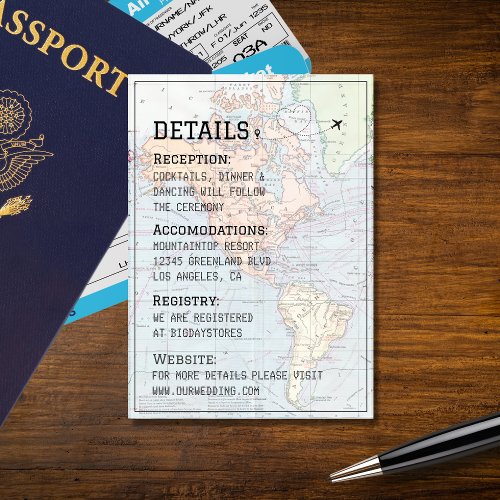 World Map Passport Destination Wedding  Enclosure Card