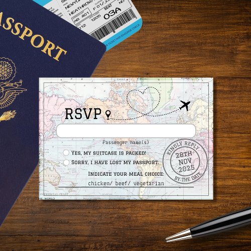 World Map Passport Destination Wedding RSVP Card