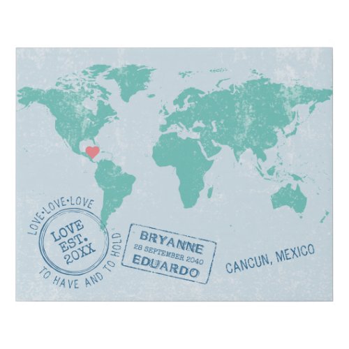 World Map Passport Stamps Wedding Guest Signature Faux Canvas Print