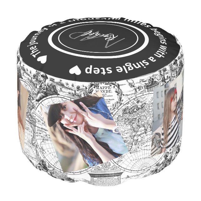 World Map Photo Collage Black and White  Pouf (Angled Back)