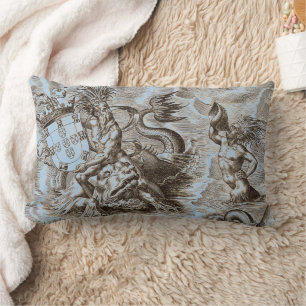 World Map Poseidon Ocean Blue Lumbar Pillow