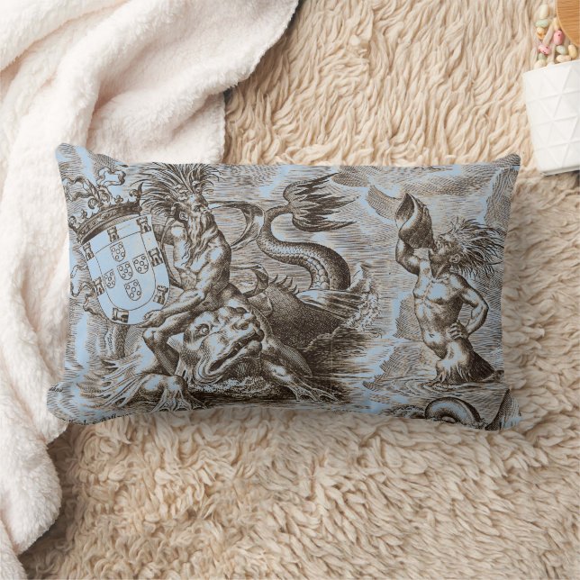 World Map Poseidon Ocean Blue Lumbar Pillow (Blanket)