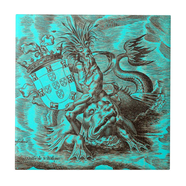 World Map Poseidon Riding Dolphin Ceramic Tile (Front)