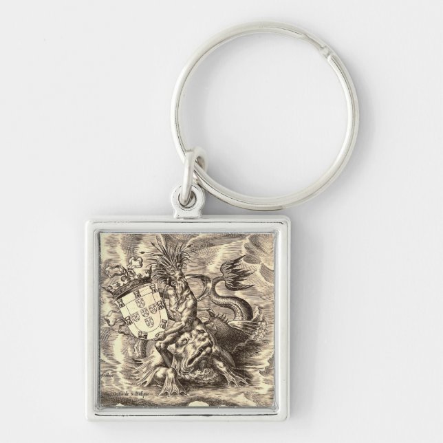 World Map Poseidon Riding Dolphin Keychain (Front)