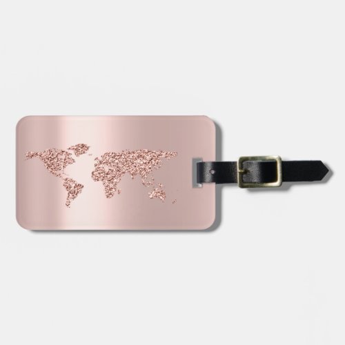 World Map Rose Gold Address Name Elegant Luggage Tag