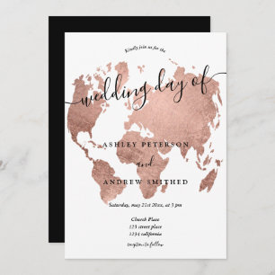 World map rose gold foil chic script wedding invitation
